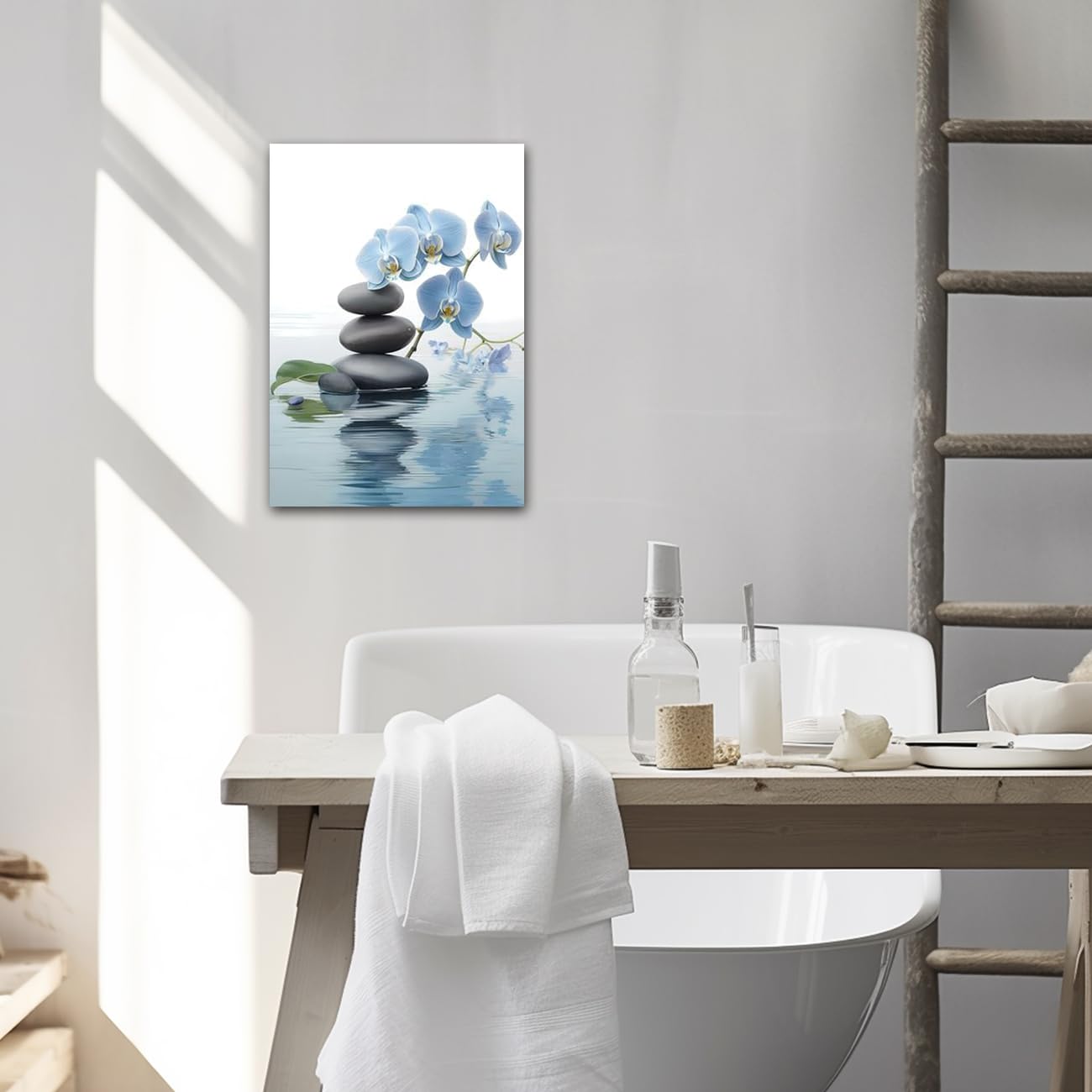CXHOSTENT Spa Bathroom Wall Art Blue Orchid Flowers and Zen Stones on Water Pictures Print on Canvas Framed Artwork for Yoga Zen Room Decor (Zen-3, 16.00"x24.00")