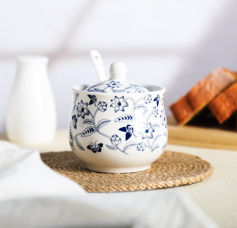 Ceramic Sugar Bowl Blue and White Flower Jar Salt Pepper Storage Jar