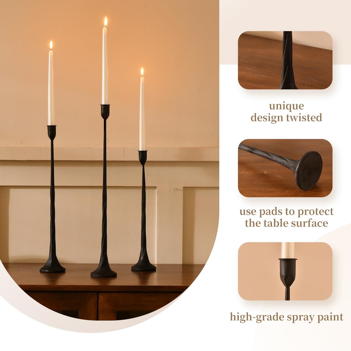 Set of 3 Candle Stick Holders, Iron Black Candlestick Holders, Fits 3/4 inch Fits 3/4 inch Thick Candles, Tapered Candle Holders Tall Set for Dining Table, Wedding, Home Decoration