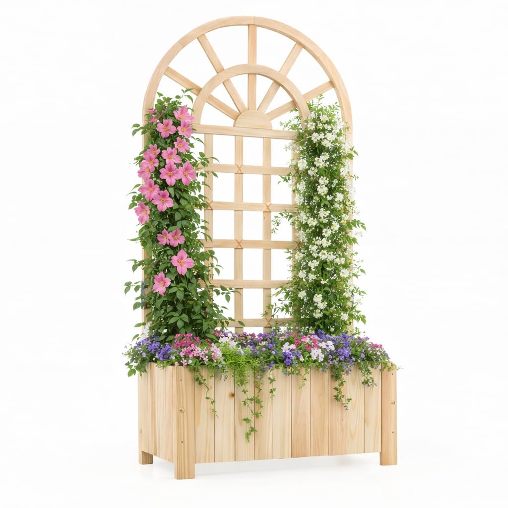 Giantex Wooden Raised Garden Bed with Arched Trellis, 48” Fir Wood Outdoor Elevated Planter Box Privacy Screen with Drainage Holes, Vertical Garden Bed for Climbing Plants, Patio Balcony Backyard