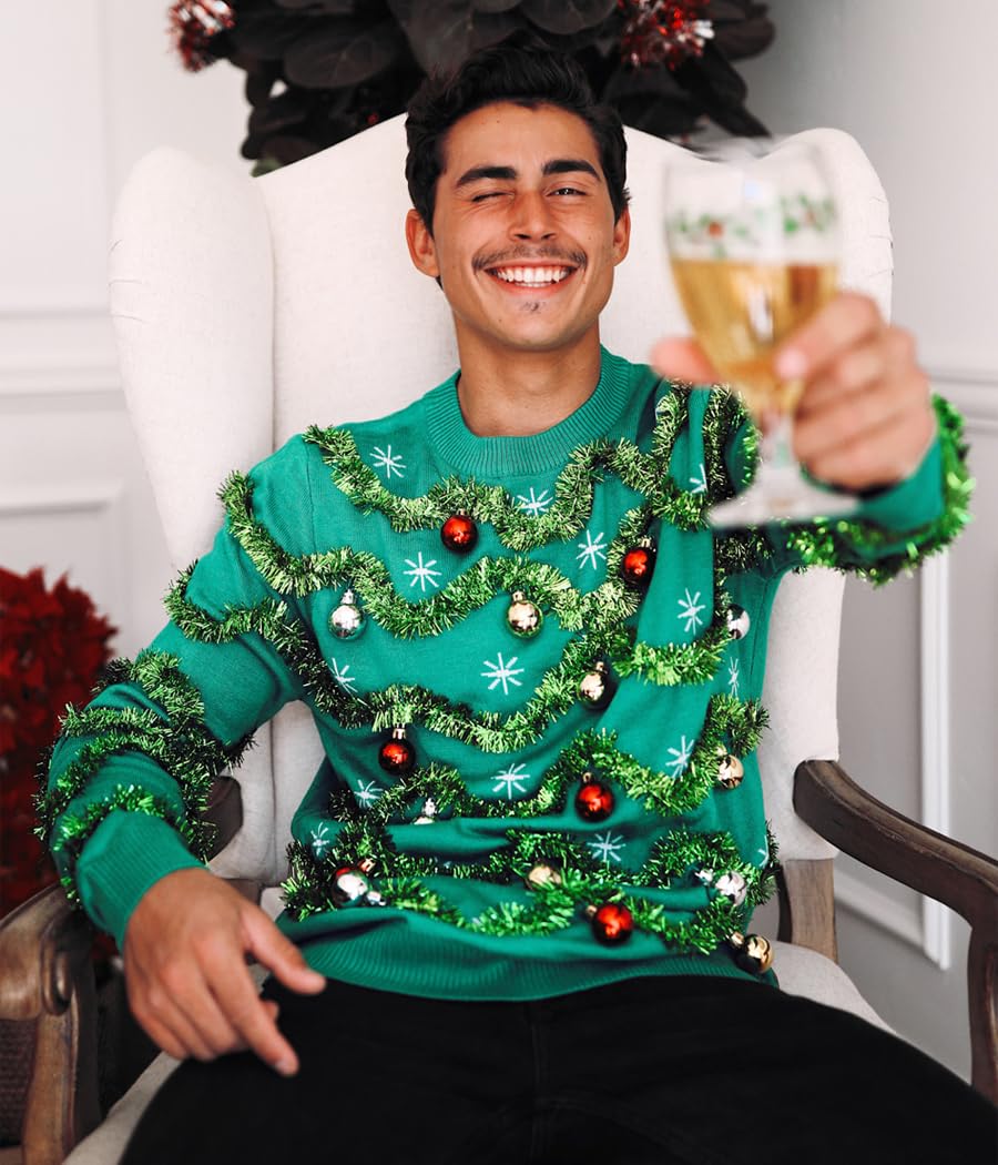 Tipsy Elves Men's Ugly Christmas Sweaters - Funny and Tacky Embellished Christmas Sweaters for Men - Green Gaudy Garland Christmas Sweater with Tinsel and Ornaments Size Large