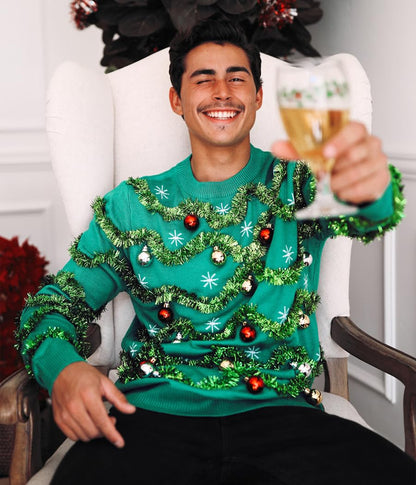 Tipsy Elves Men's Ugly Christmas Sweaters - Funny and Tacky Embellished Christmas Sweaters for Men - Green Gaudy Garland Christmas Sweater with Tinsel and Ornaments Size Large