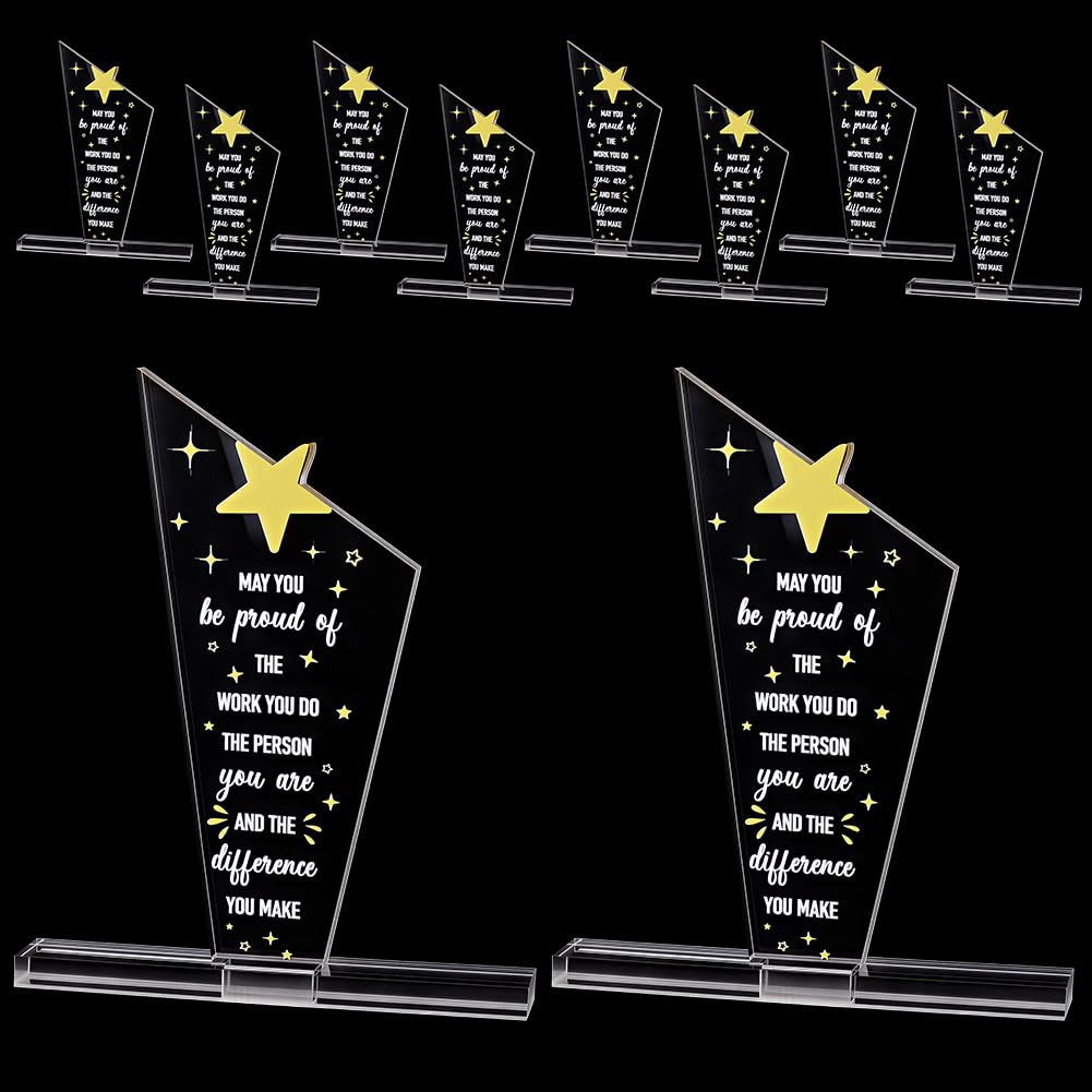 CUTHOLLOW Bulk 10 Sets Acrylic Recognition Desk Block 5.51x6.42 Inch/14x16.3 cm Clear Self Standing Trophy Lightweight Crystal Look Employee Appreciation Award for Coffee Station Display, Transparency
