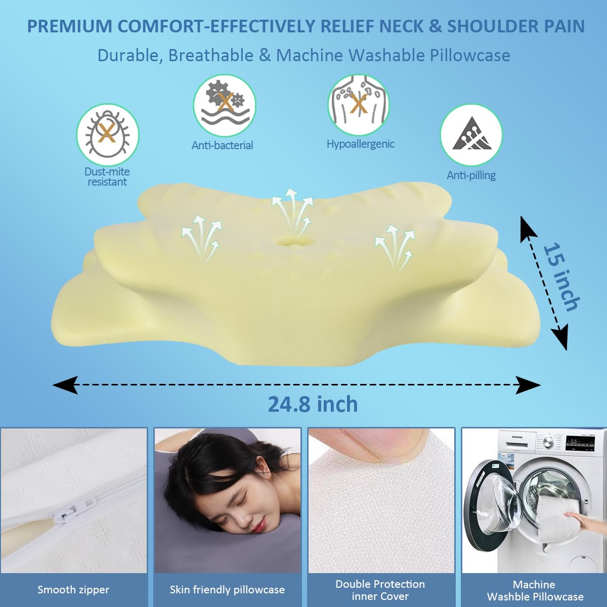 Topmener Cervical Memory Foam Pillow Ergonomic Orthopedic Butterfly Shape Bed Pillow Neck Support Sleeping Pillow with Wider Armrest, Cool Cover and Adjustable Height for Side Back& Stomache Sleepers
