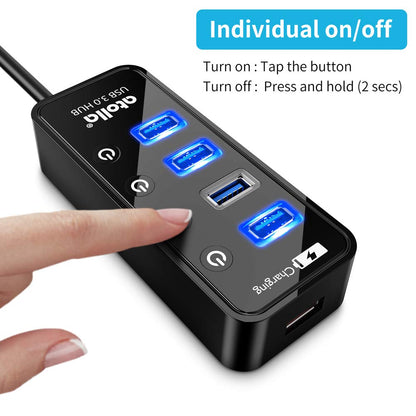 atolla USB Hub with 4 USB 3.0 SuperSpeed Data Ports and 1 USB Smart Charging Port, USB Splitter with Individual On/Off Switches and 5V/3A Power Adapter