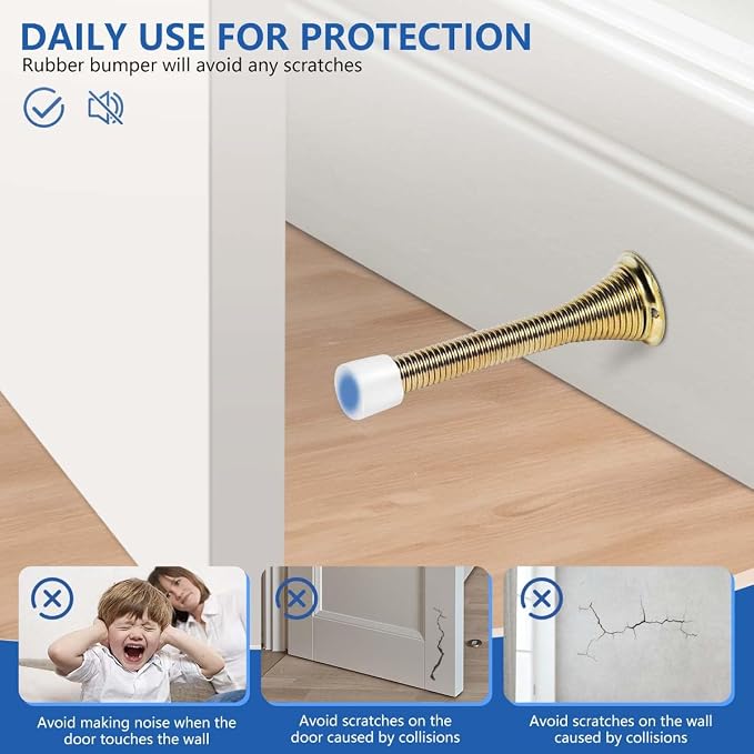 KISEER 24 Pack Spring Door Stops 3 1/4 Inch Flexible Heavy Duty Spring Door Stopper with RustProof Screw Rubber Bumper Tips (Gold)