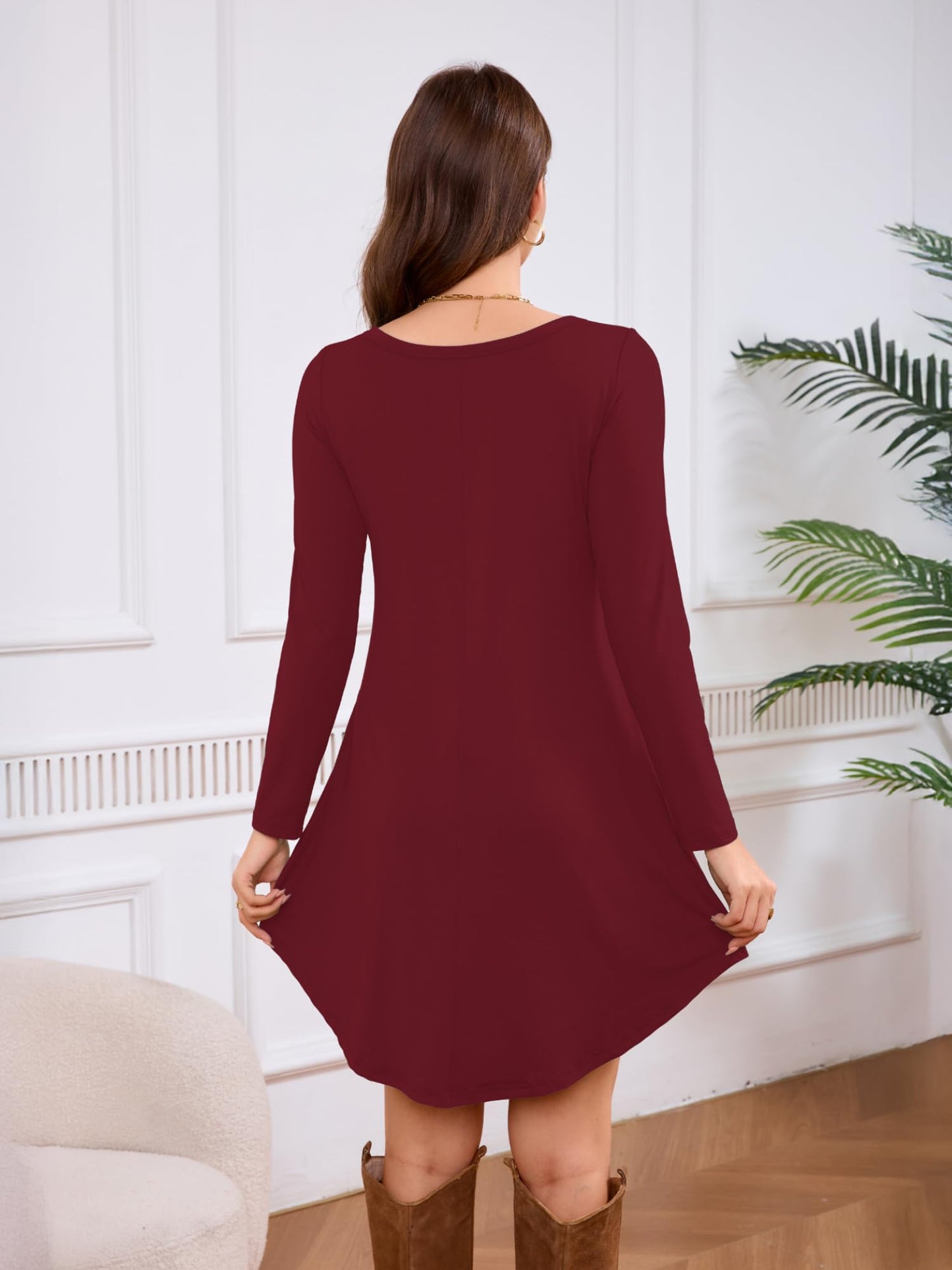 DEARCASE Women's Long Sleeve T Shirt Dress Wine Red Medium Crewneck Knee Length Loose Casual Flowy Swing Burgundy Tunic Dresses with Pockets