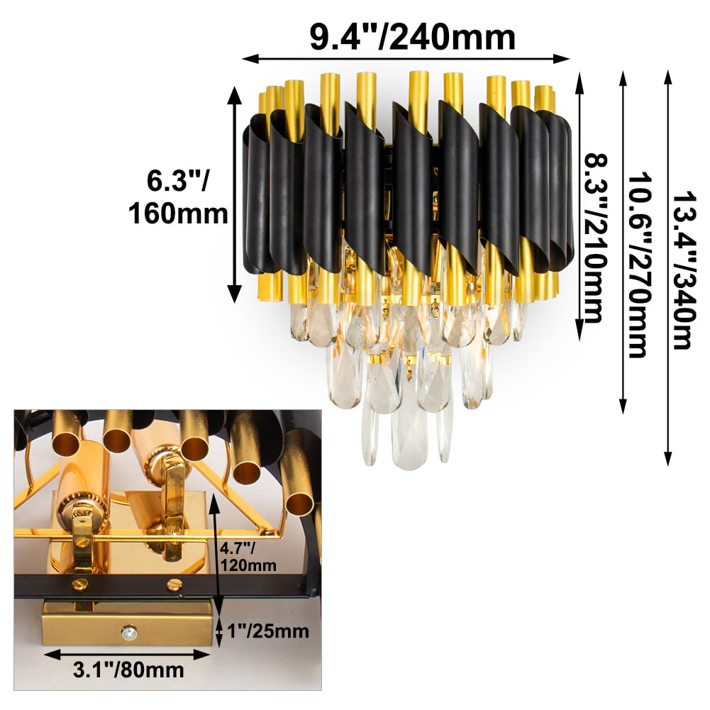 FRIXCHUR Modern Crystal Wall Sconce Lighting Black Crystal Wall Light Fixture Bedside Light 3 Tiers Crystal Wall Lamp for Bedroom Bathroom Dinning Living Room Hallway 2X E12 Base