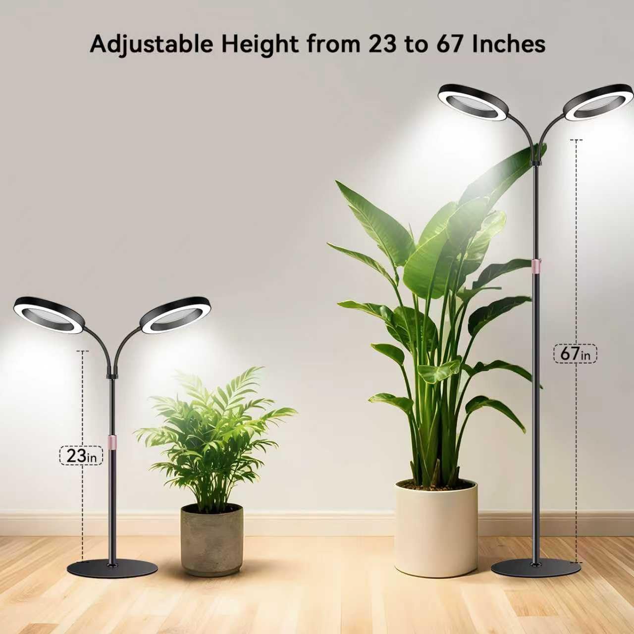 Dual-Head Grow Lights for Indoor Plants, Full Spectrum Plant Lights with 23.5-67" Adjustable Height Stand, 3 Growing Modes with Timer 3/9/12H, Dimmable Halo Grow Lights for Large Tall Plants