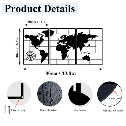 DUOOLN 3-Piece Metal World Map Wall Decor Art, Abstract Minimalist Hanging Sculpture, Travel Enthusiast Gift, Perfect Travel-Themed Artwork, Home Office Hotel Decoration - Black, 33.8“ W x 15.7” H / 86x40cm