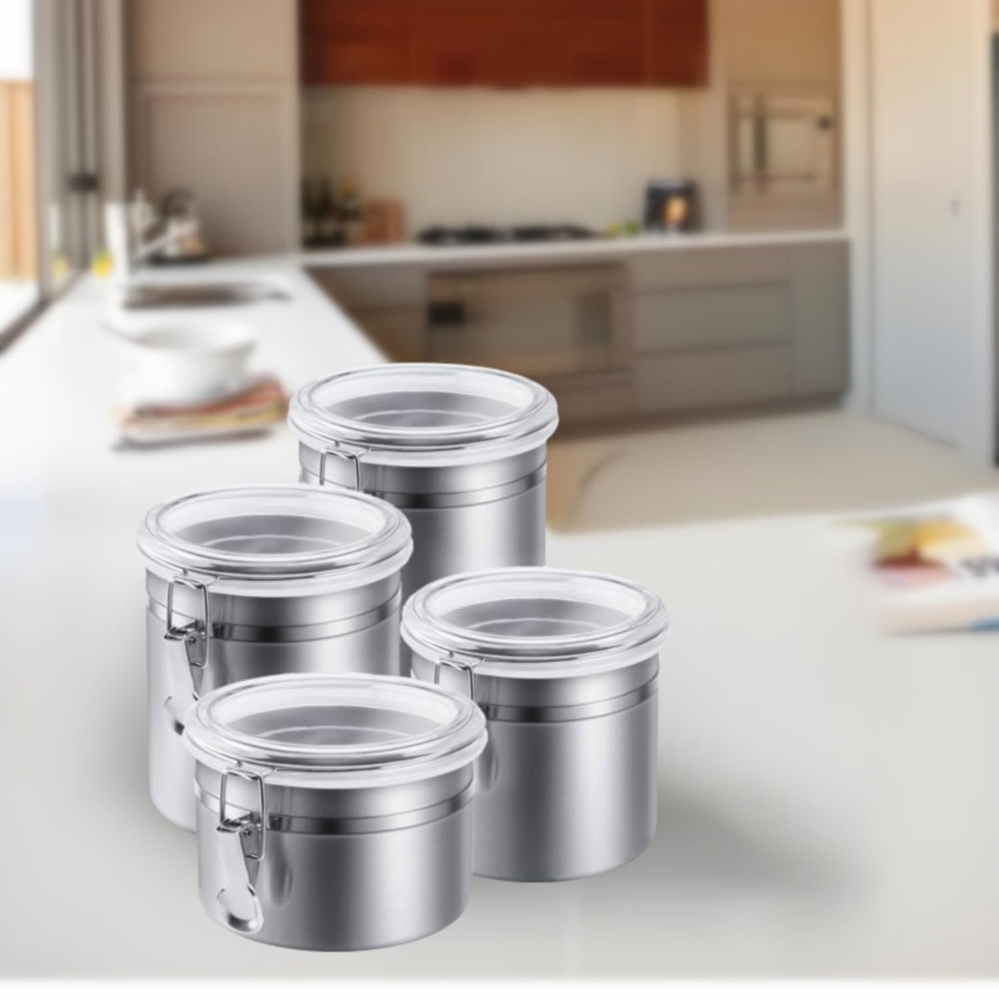 4-Piece Stainless Steel Airtight Canister Set with Clear Lids, 28/32/38/65 oz Food Storage Containers with Clamp Locks for Coffee, Tea, Sugar, Flour, Candy, Cookie, Kitchen Organization (Silver)