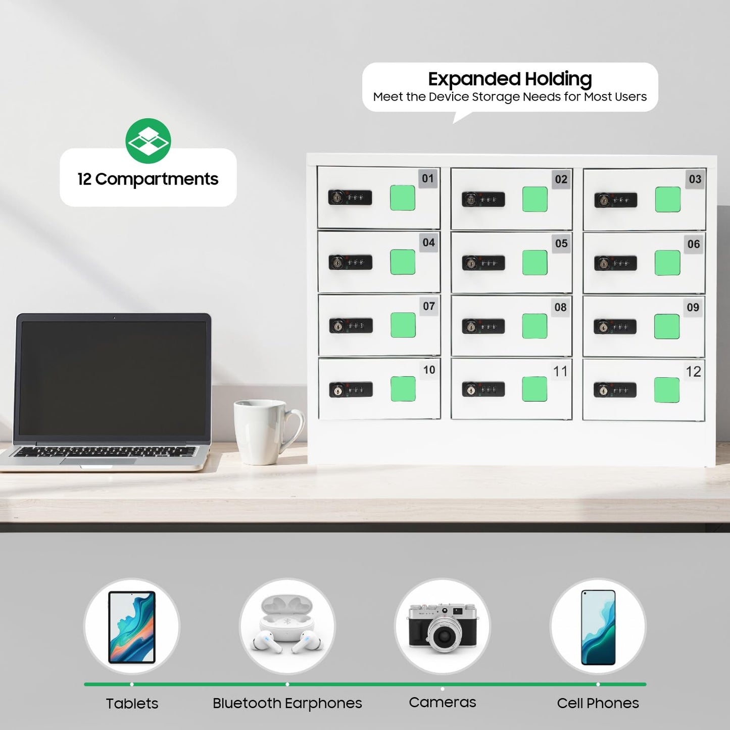 12 Slots Cellphone Charging Station, Cell Phone Charging Cabinet with 3 in 1 Cable, Combination Lock QC3.0 5-9V Fast Charging for Students and Employees (12 Slots)