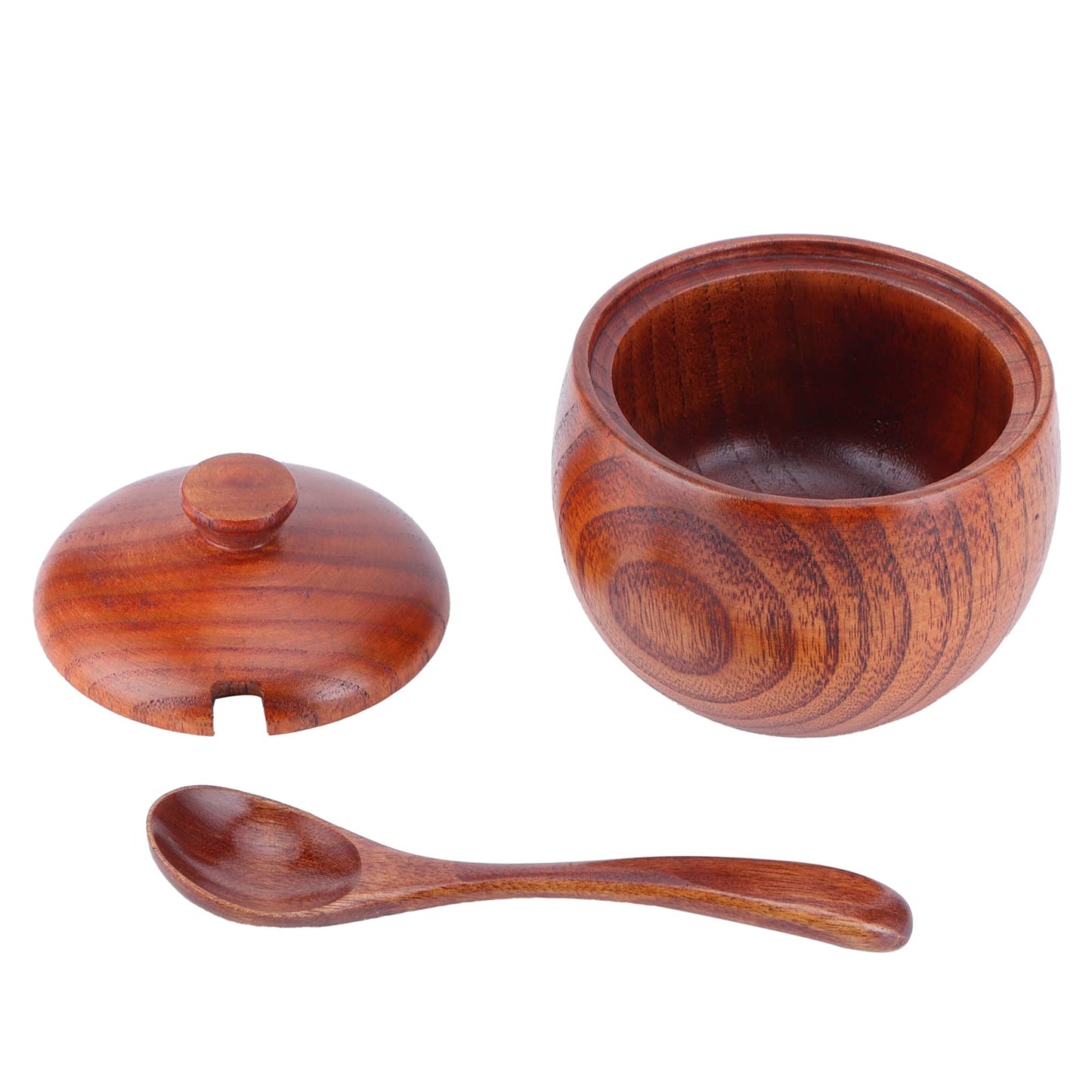 MOUMOUTEN Wood Spice Pot, Natural Wooden Salt Cellar with Lid and Spoon, Sugar Container Vintage Spice Jar Seasoning Container Cooking Utensil for Serving Condiment Chili Powder