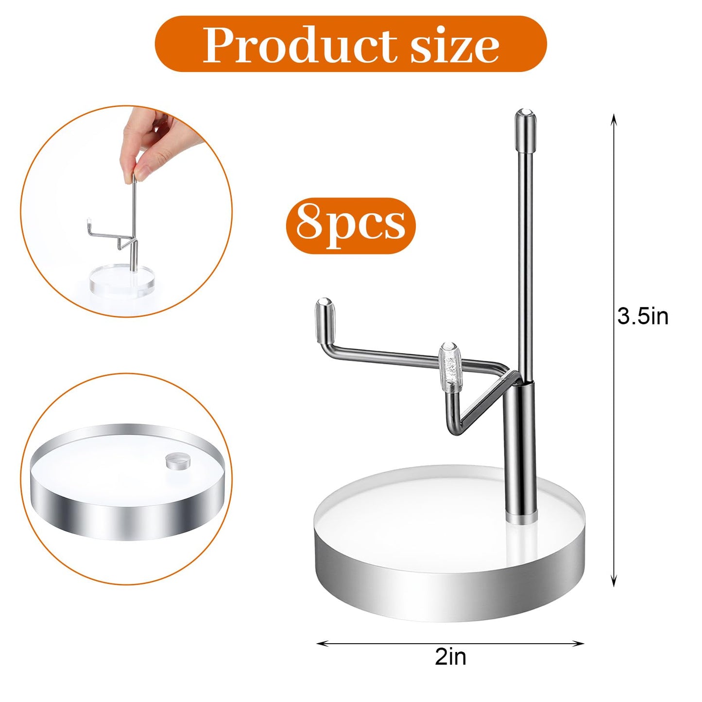 8 Pcs Adjustable Metal Arm Display Stand Easel with Acrylic Base Display Easel Holder Acrylic Crystal Clear Plate Stand for Fossil Coral Geodes Rock Small Collection (Silver, 2 x 2 x 3.5 Inch)