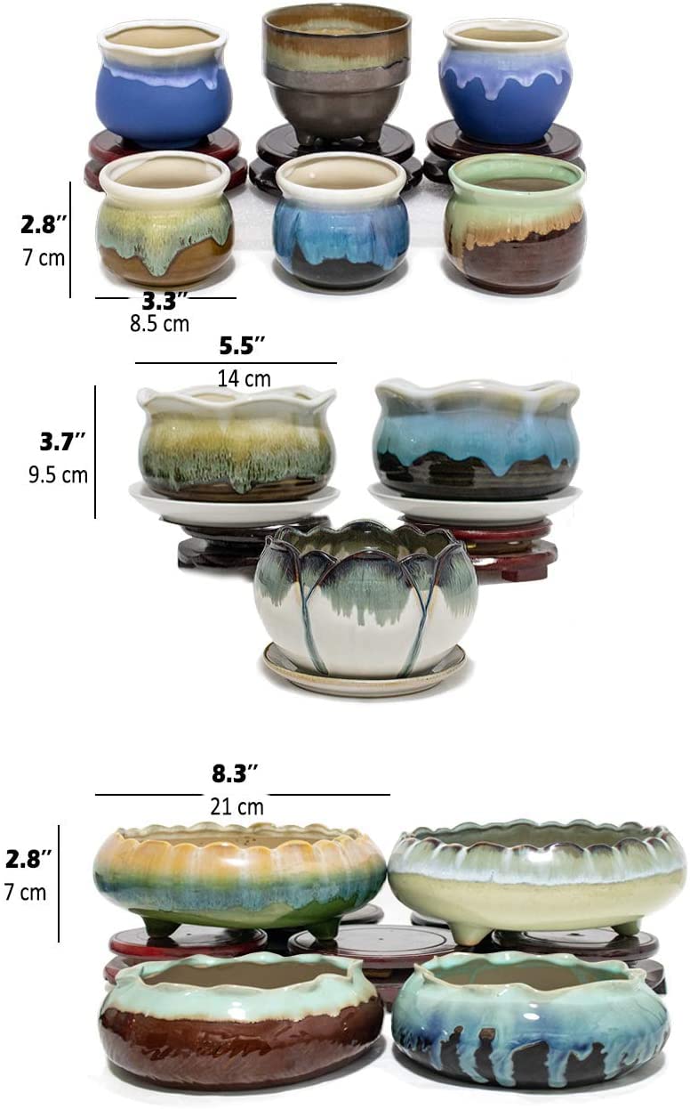 Dahlia 8.3'' Inch Large Shallow Drip Glazed Ceramic Planter/Succulent Pot/Plant Pot, Green