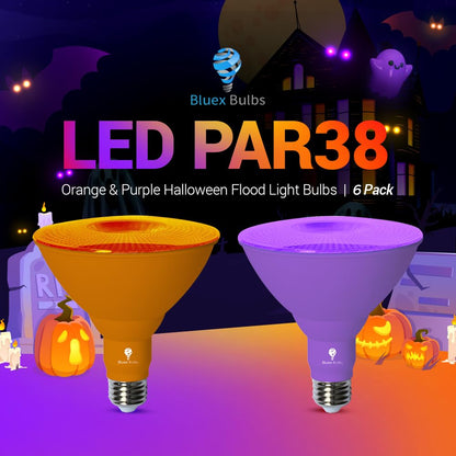Bluex Bulbs 6 Pack LED Par38 Flood Purple Orange Light Bulb - 18W (120Watt Equivalent) - Dimmable - E26 LED Lights, Party Decoration,Home Lighting, Holiday Halloween Orange Purple Flood Lights Bulbs