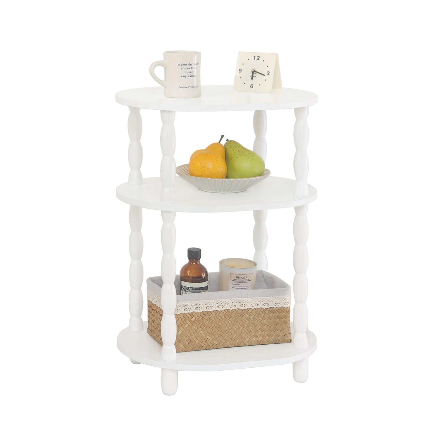 MaxSmeo White Side Table, 3-Tier Small Oval End Table, Modern Night Stand Wood Accent Table for Living Room, Bedroom, White