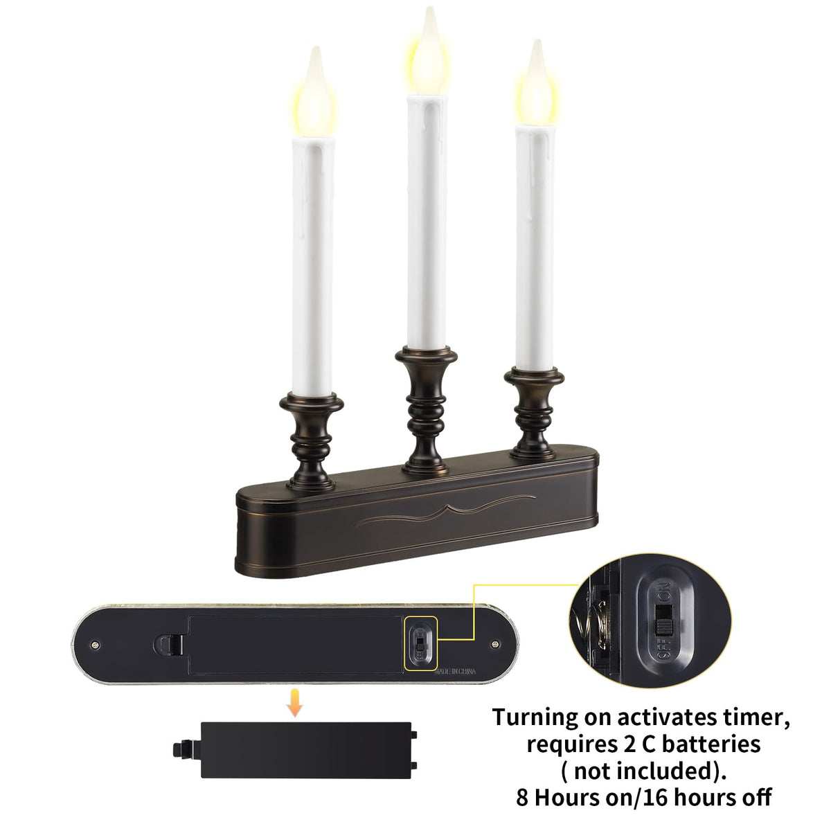 FGDECORJOIE Delicate Battery Operated Flicker Flame Black Antique 3 Tier LED Window Candelabra 11.5 Inch Hight with Automtically Recycle Timer 8 Hours On/16 Hours Off for Christmas New Year Festival