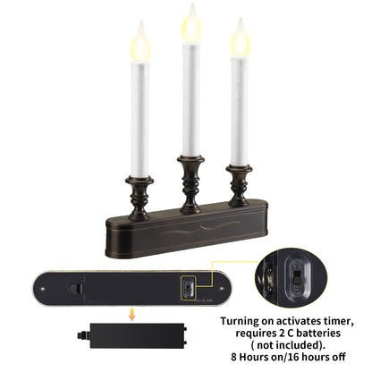 FGDECORJOIE Delicate Battery Operated Flicker Flame Black Antique 3 Tier LED Window Candelabra 11.5 Inch Hight with Automtically Recycle Timer 8 Hours On/16 Hours Off for Christmas New Year Festival