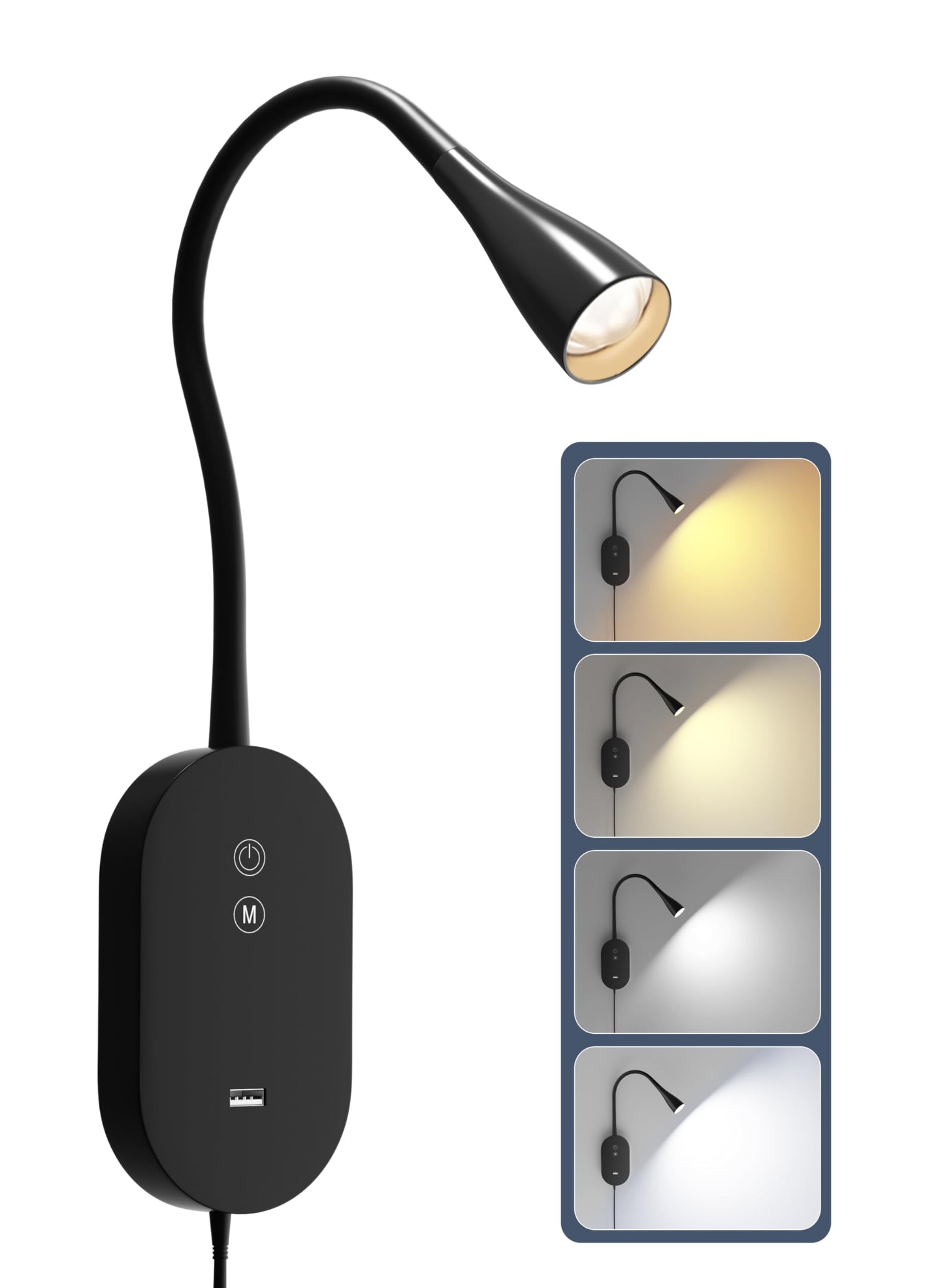 TOPMB Wall Reading Light for Bed – 4 Color Modes, 5‑Level Dimmable Reading Lamp, CRI 95+ Natural Sunlight, USB Output Charge & Auto Memory Black