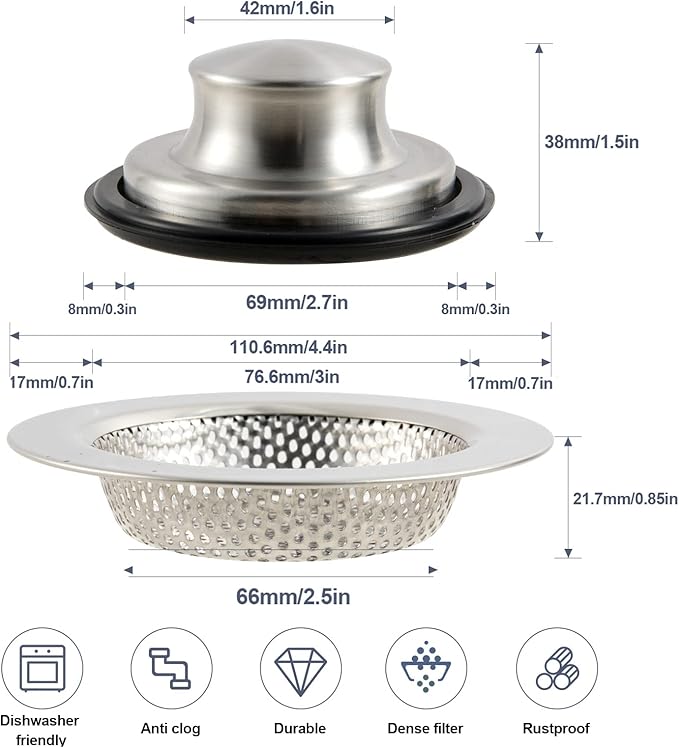 RQYEKDO Polished Kitchen Sink Strainers Sink Stopper Kits, Stainless Steel Sink