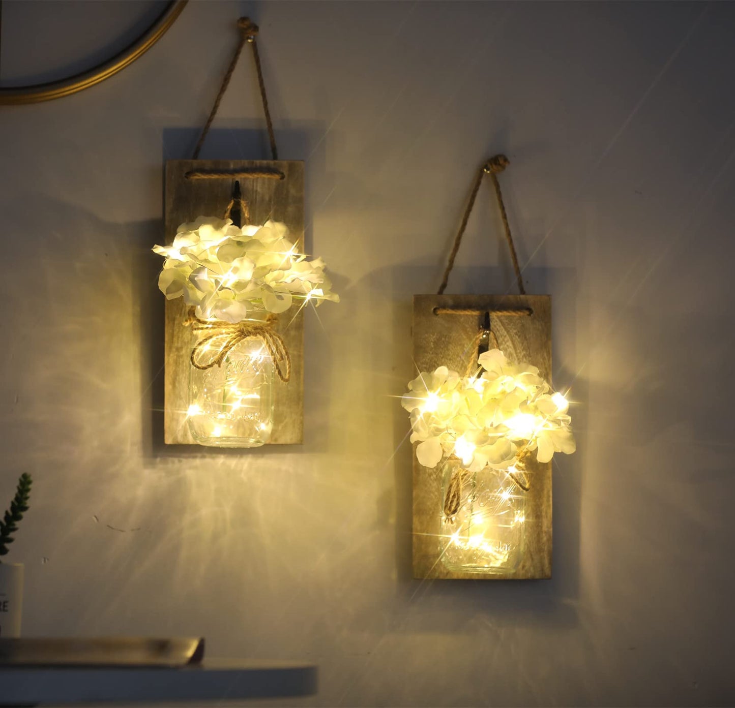 Lightess Mason Jar Wall Lights with Remote Control, Rustic Bedroom Wall Decor, Hanging Battery Powered Jar Sconce with LED Fairy Lights for Farmhouse Decor, SYA11 (Set of 2)