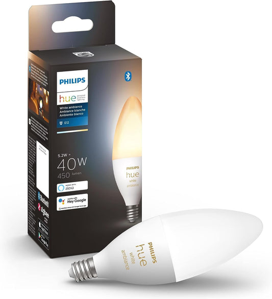 Philips Hue Smart 40W B39 Candle-Shaped LED Bulb - White and Color Ambiance Color-Changing Light - 1 Pack - 450LM - E12 - Control with Hue App - Works with Alexa, Google Assistant and Apple Homekit