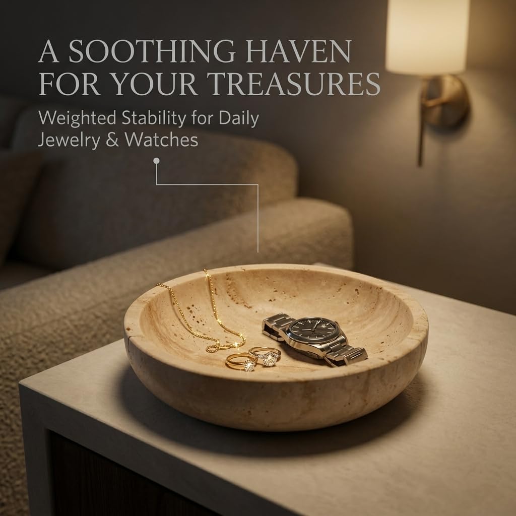 Natural Marble Travertine Decorative Bowl: 7.8" Honed Yellow Stone Catch All Bowl for Keys Entryway Table - Organic Modern Centerpiece Key Dish for Coffee Table Decor, Bedside Ring Jewelry Holder Tray