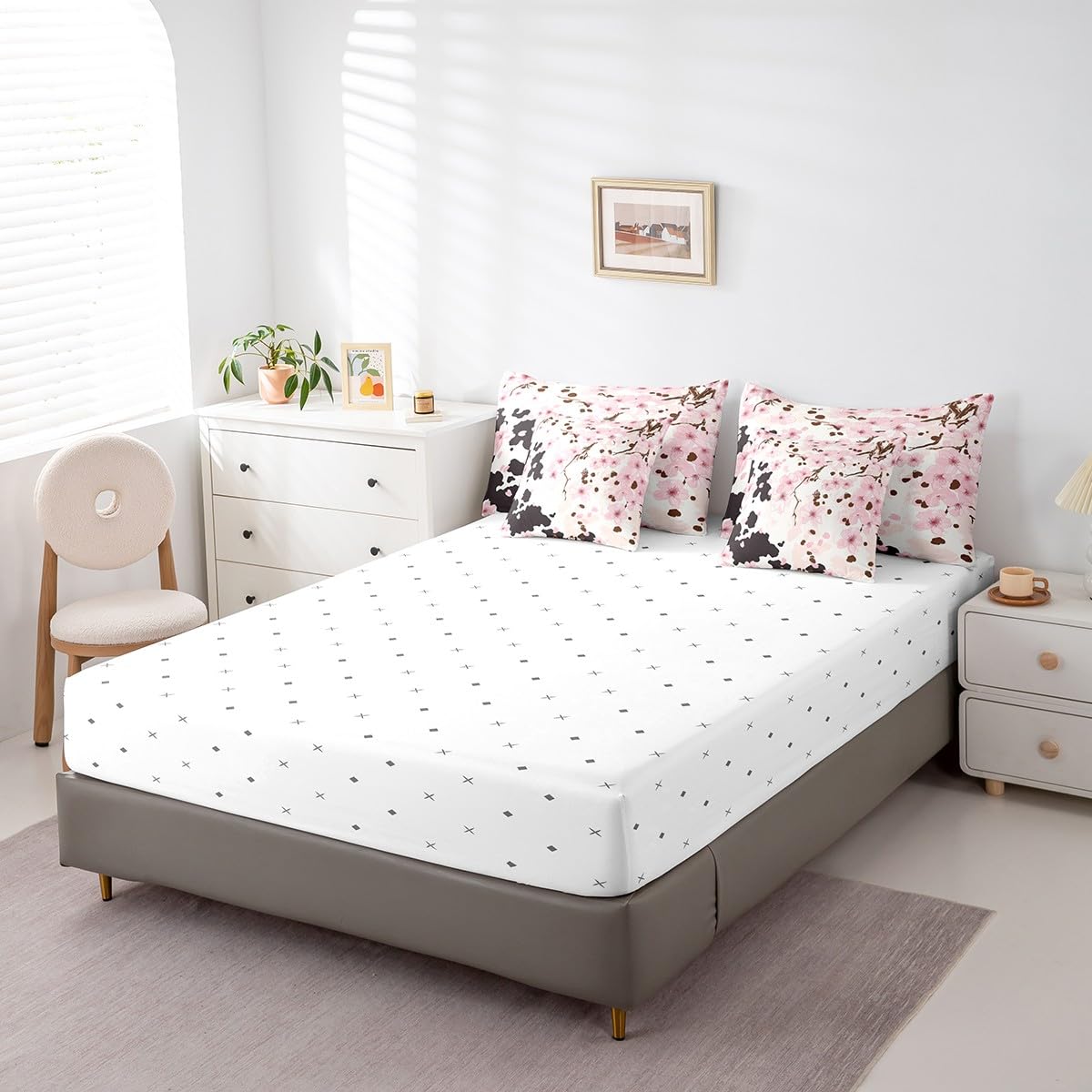Erosebridal Pastel Pink Cherry Blossom Full Size Bed Sheets and Comforter Set,Western Cowhide 7 Piece Bedding Set Rustic Flowers Bed in a Bag,Farm Animals Skin Cow Print Bed Sets