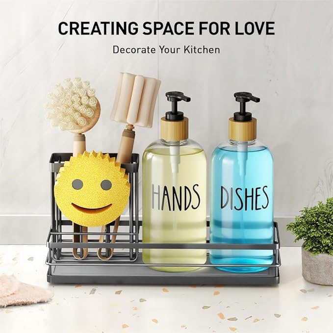 Moforoco Kitchen Dish Soap Dispenser Set, 16OZ Glass Bottle, Hand and Dish Soap