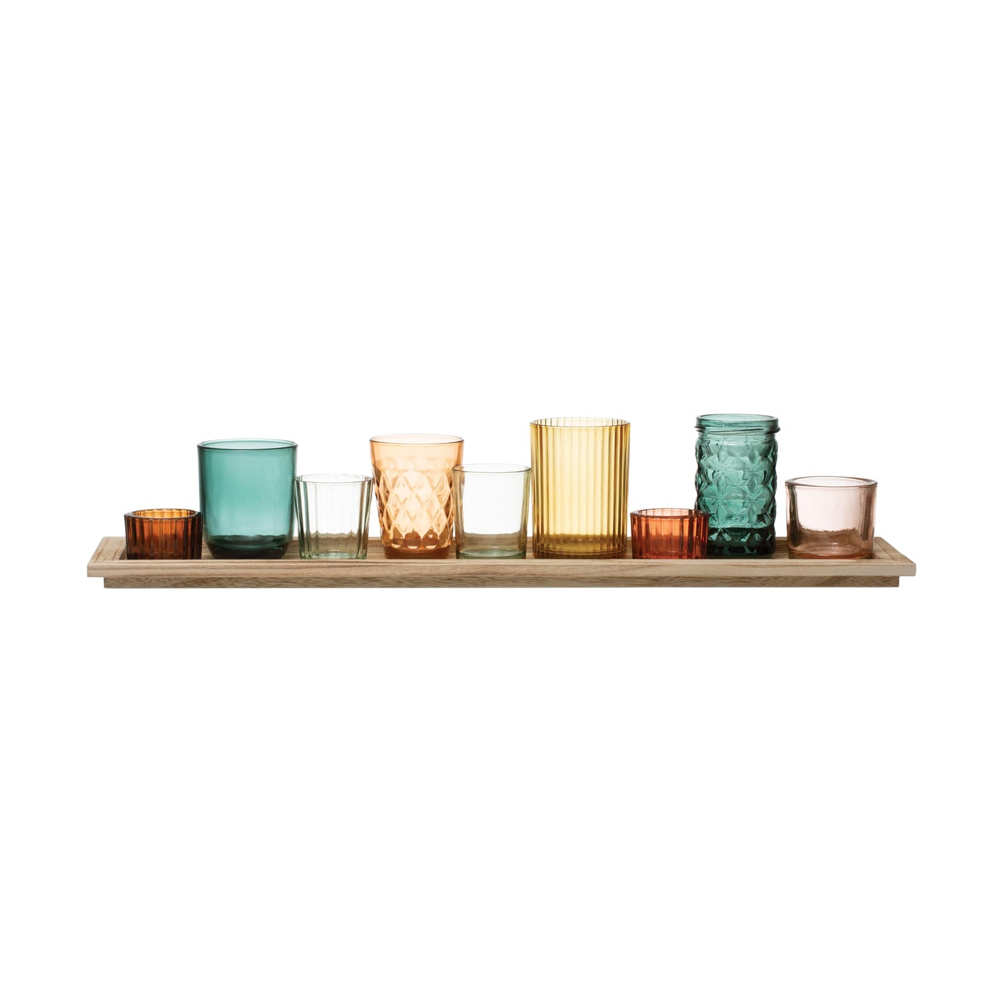 Creative Co-Op Round Glass Votive Holders on Wood Tray, Multicolor, Set of 9