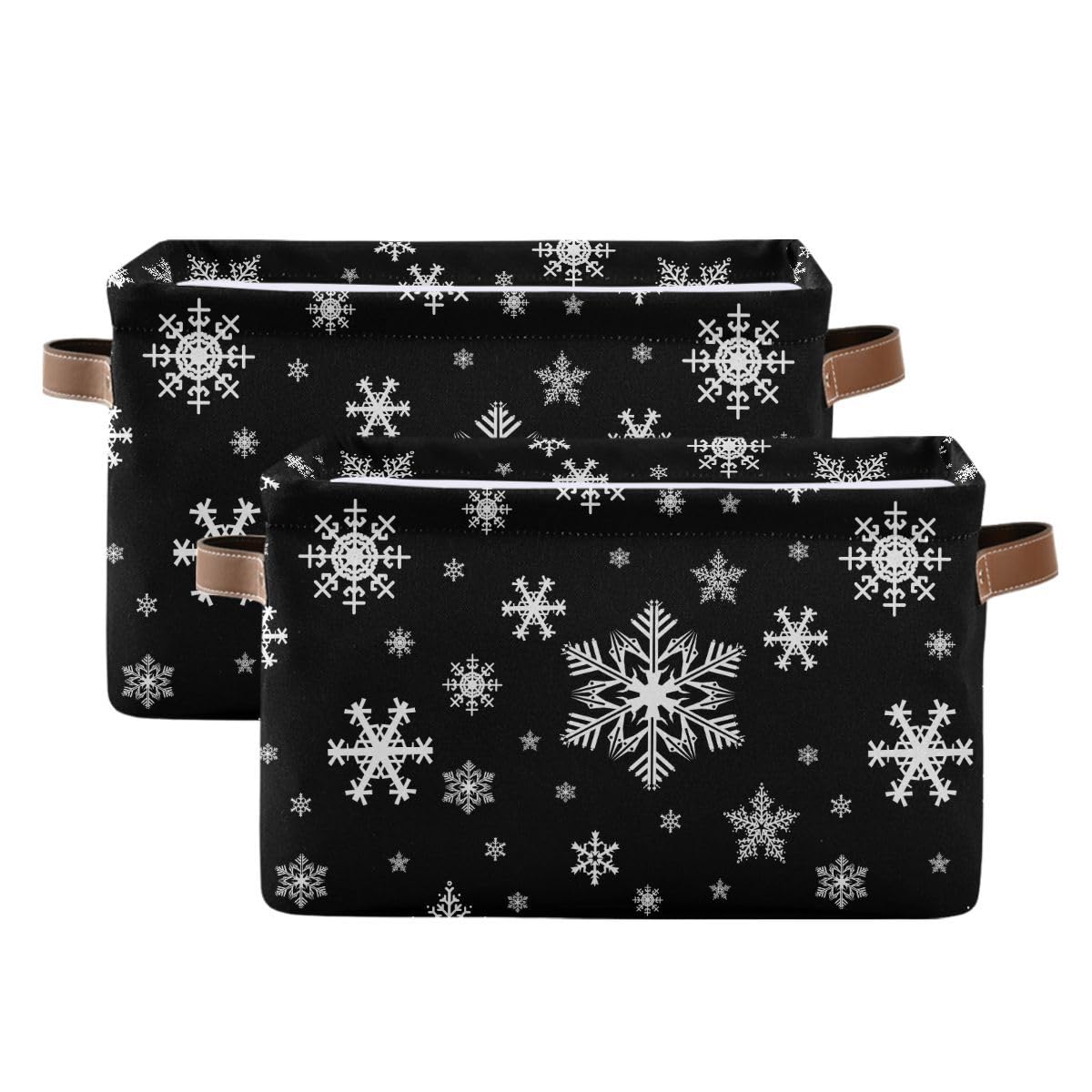 Winter Snowflake Black Storage Basket Fabric Kitchen Baskets Christmas Holiday Open Home Storage Bins Boxes Foldable Organizer Bag for Baby Cloth Xmas Baskets 16×12×8 Inches