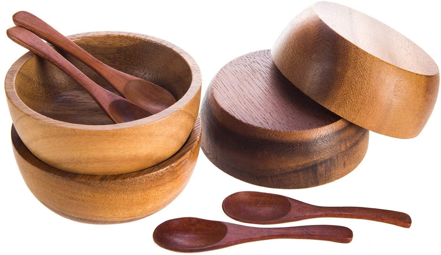 BestySuperStore Set of 4 Small Round Acacia Wooden Bowls 2¾ Inch Diameter 1½" High With Spoons - Stackable Mixing Bowl Salad Soup Snack Dip Sauce Charcuterie Wood Tableware Sets for Decor and Serving