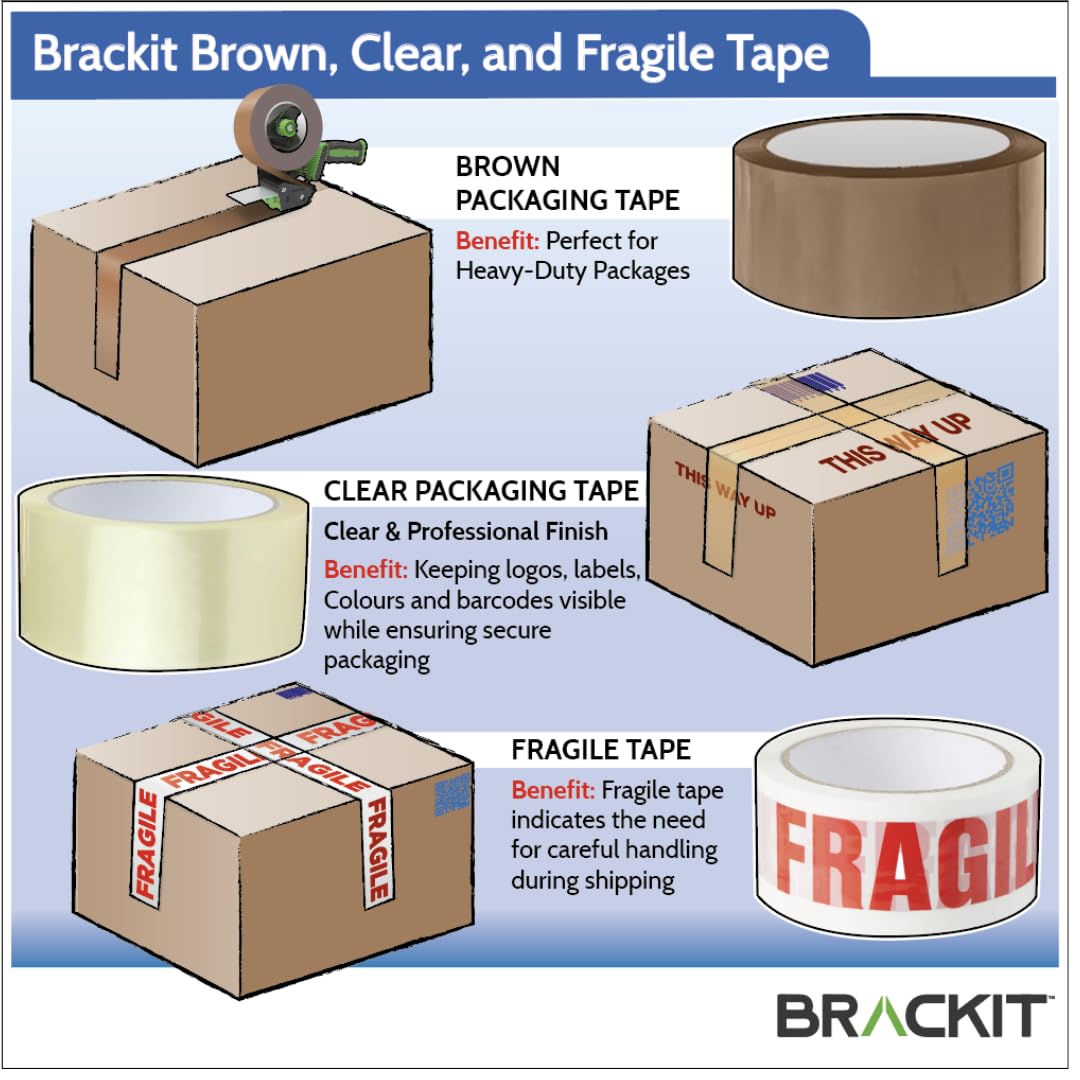 brackit Packing Tape Set Brown and Fragile and Clear with Dispenser, 48mm x 66m, Pack of 6 Rolls – Strong Seal Tape for Regular Packing Use or Moving