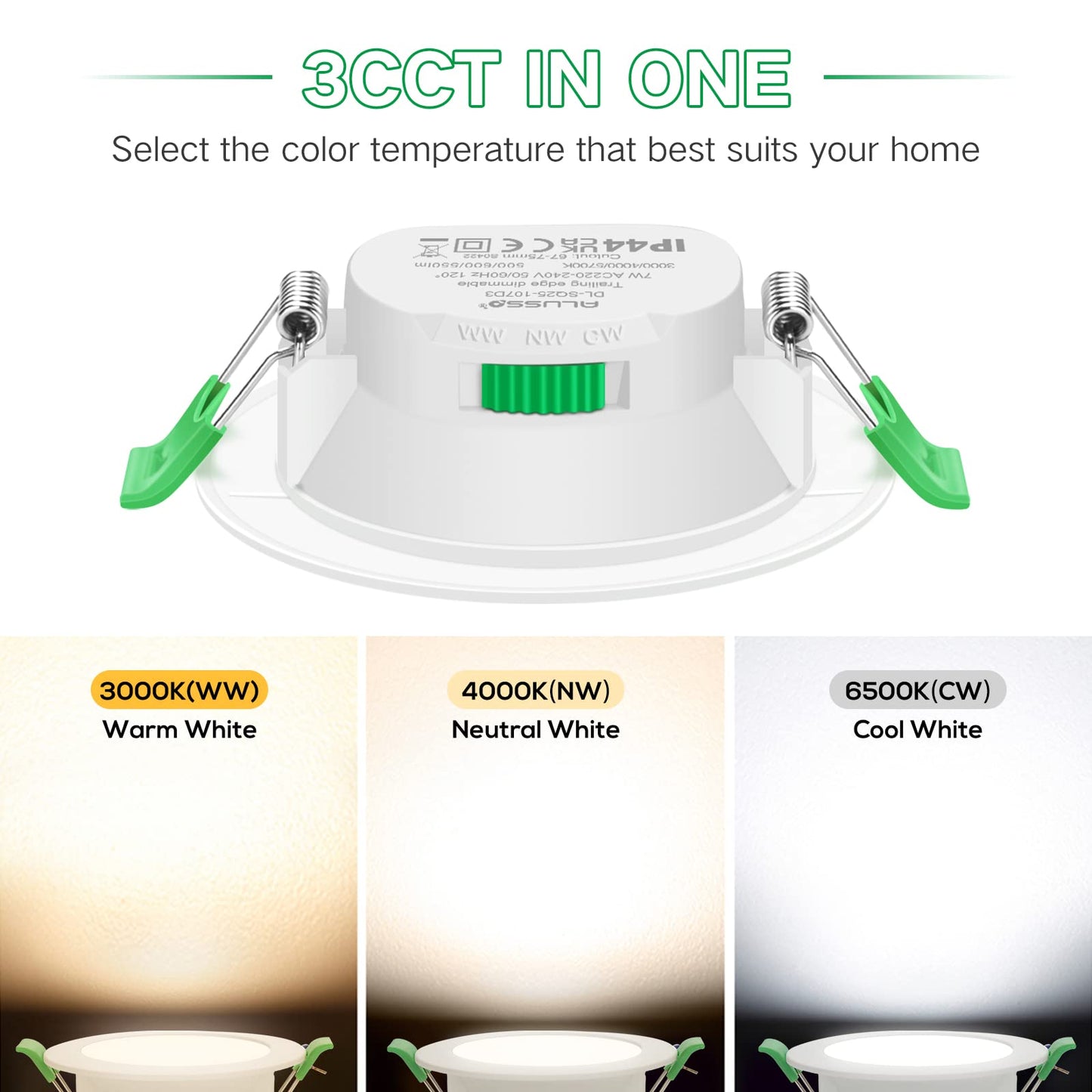 ALUSSO LED Downlights Dimmable 7W IP44 Slim Recessed Ceiling Lights, 3CCT 3000K Warm 4000K Neutral 6500K Cool Adjustable Bathroom Spotlights, White, 6 Pack