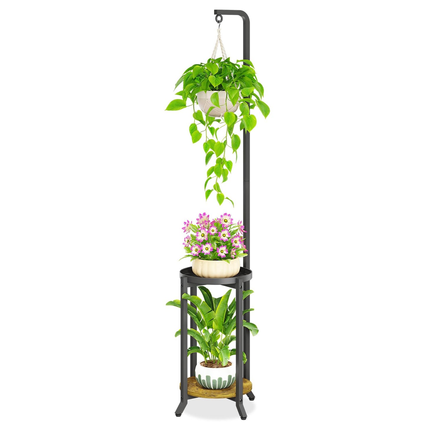 iDavosic.ly 2 Tier Hanging Plant Stand Indoor, Tall Vertical Corner Metal Flower Heavy Duty Pot Holder Shelf for Patio Porch Living Room, Modern Black & Rustic Brown - Round
