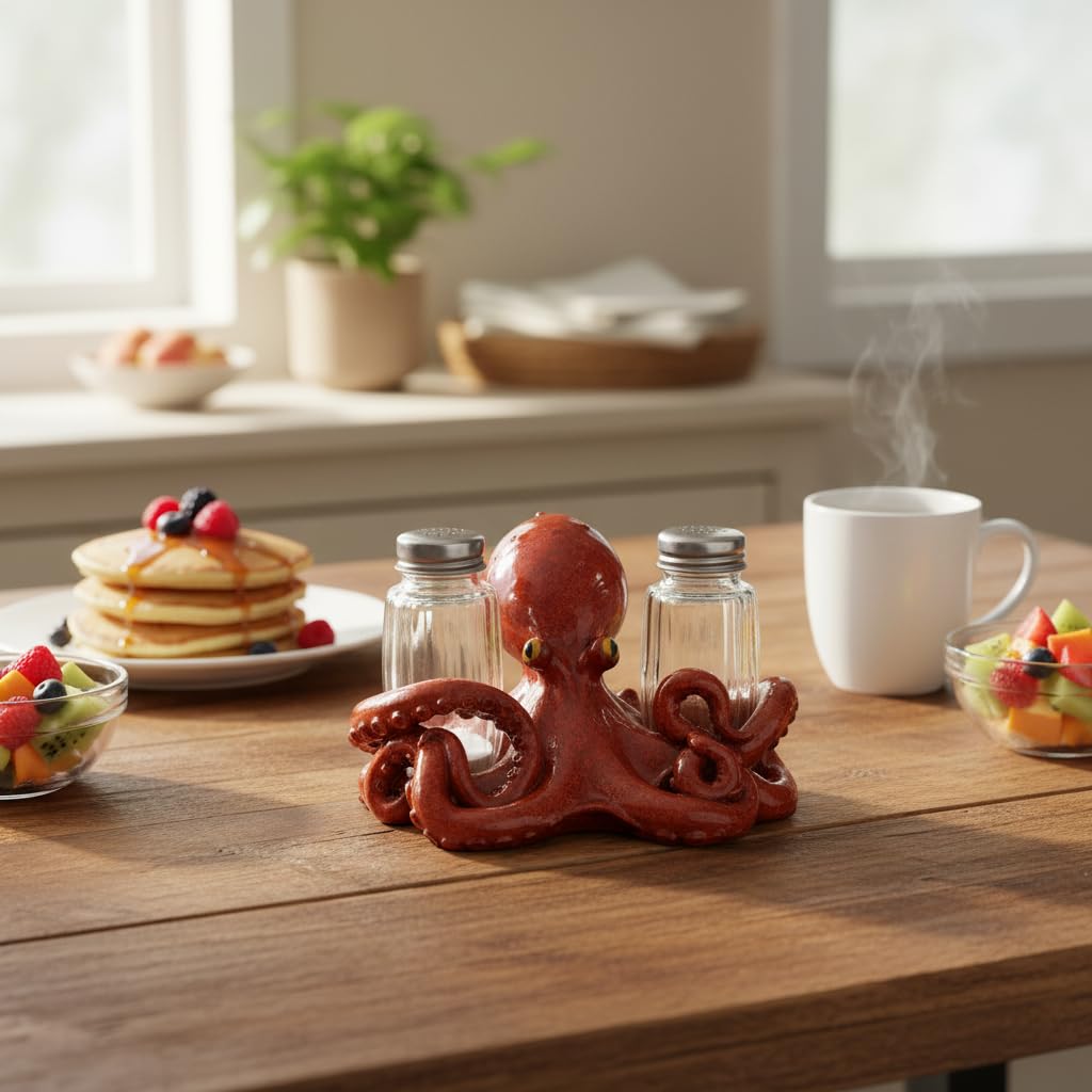 Comfy Hour 5" Octopus Salt and Pepper Shaker Duo, Decorative Coastal Ocean Figurine Holder for Kitchen Tabletop, Artisan Crafted Resin Animal Accent, Includes 2-Count Glass Bottles, Brown