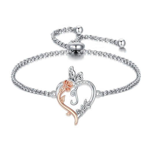 TOUPOP Rose Heart Bracelet for Women Sterling Silver Heart Initial J Letter Bracelet Butterfly Love Jewelry Anniversary Birthday Mothers Day Gifts for Mom Wife Her Girlfriend