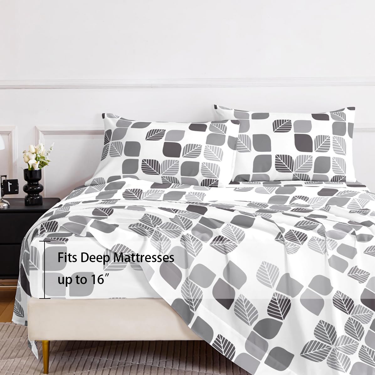 HCORA Geometric King Sheet Set, Ultra Soft Double Brushed Microfiber Bed Sheets, Deep Pocket, Breathable, Wrinkle Resistant, Easy Care, 4PC, King
