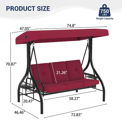 Garvee 3-Seat Outdoor Porch Swing with Adjustable Canopy, Convertible Patio Swing Bed with Stand, Thick Cushions & Cup Holders, Weather-Resistant Steel Frame for Backyard, Garden, Porch, Red