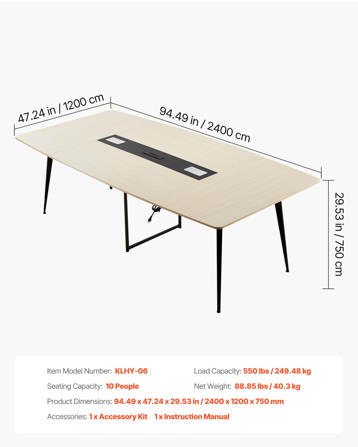 VEVOR Conference Table, 8 ft Boat Shaped Office Meeting Table with Charge Station for 10 Person, Modern Boat Seminar Meeting Desk with Metal Legs for Office, Boardroom, Conference Room, Easy Assembly