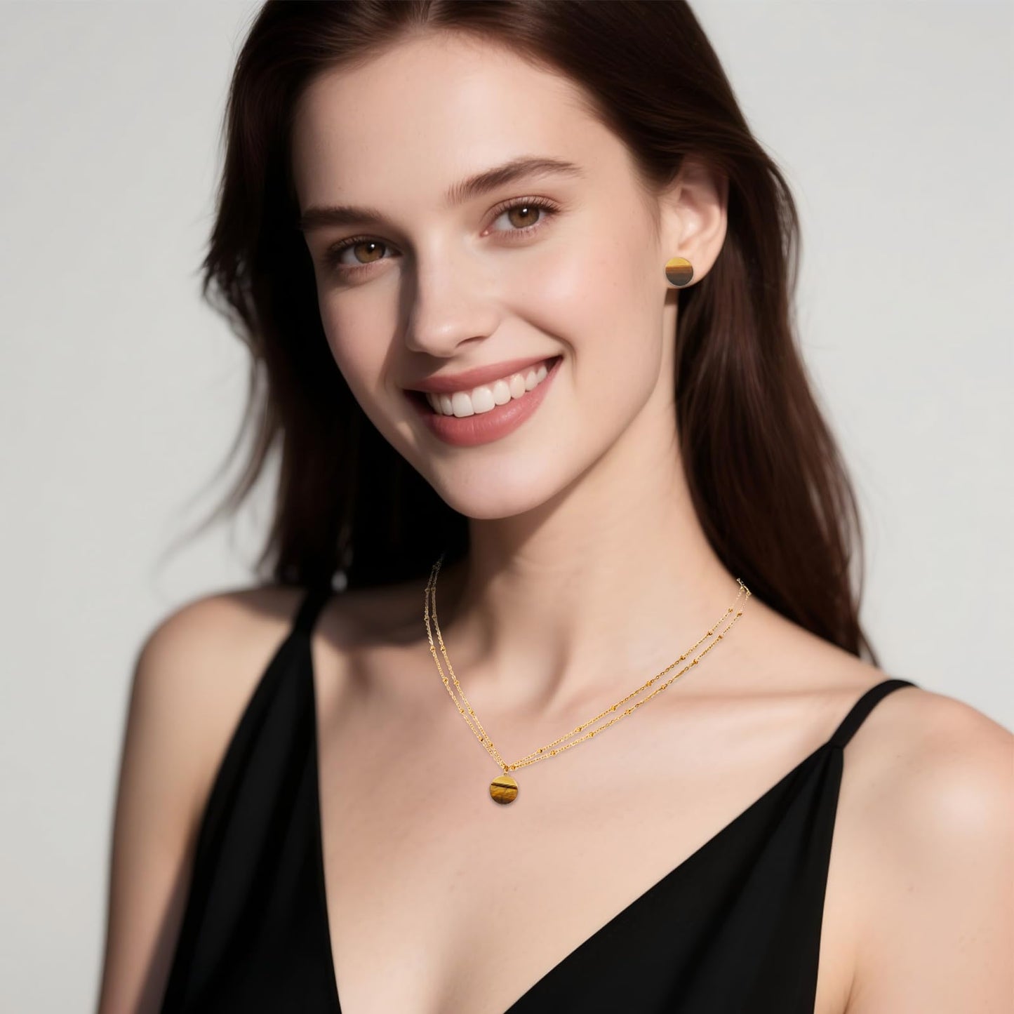 TaYolnFaSo Natural Tiger Eye Jewelry Set for Women 18K Gold Plated Tiger Eye Stud Earrings Double Chain Necklace Set Dainty Jewelry Gift