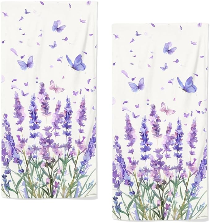 Lavender Hand Towels Set of 2 Lightweight Breathable Purple Floral Bath Towels