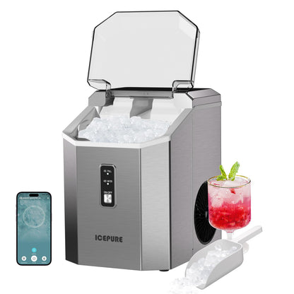 ICEPURE Nugget Ice Makers Countertop with App, Portable Ice Machine with WiFi, 33lbs in 24H, Ready in 5-10 Mins, Self Cleaning，Small Ice Maker with Basket Scoop, for Home/Party/RV(Stainless Steel)