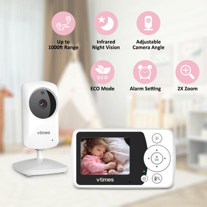 VTimes Baby Monitor with Camera and Audio, Video Baby Monitor No WiFi Night Vision 2.4" LCD Screen Portable Baby Camera Monitor Alarm Lullaby Temperature Sensor and 1000ft, Ideal for Baby/Elderly/Pet