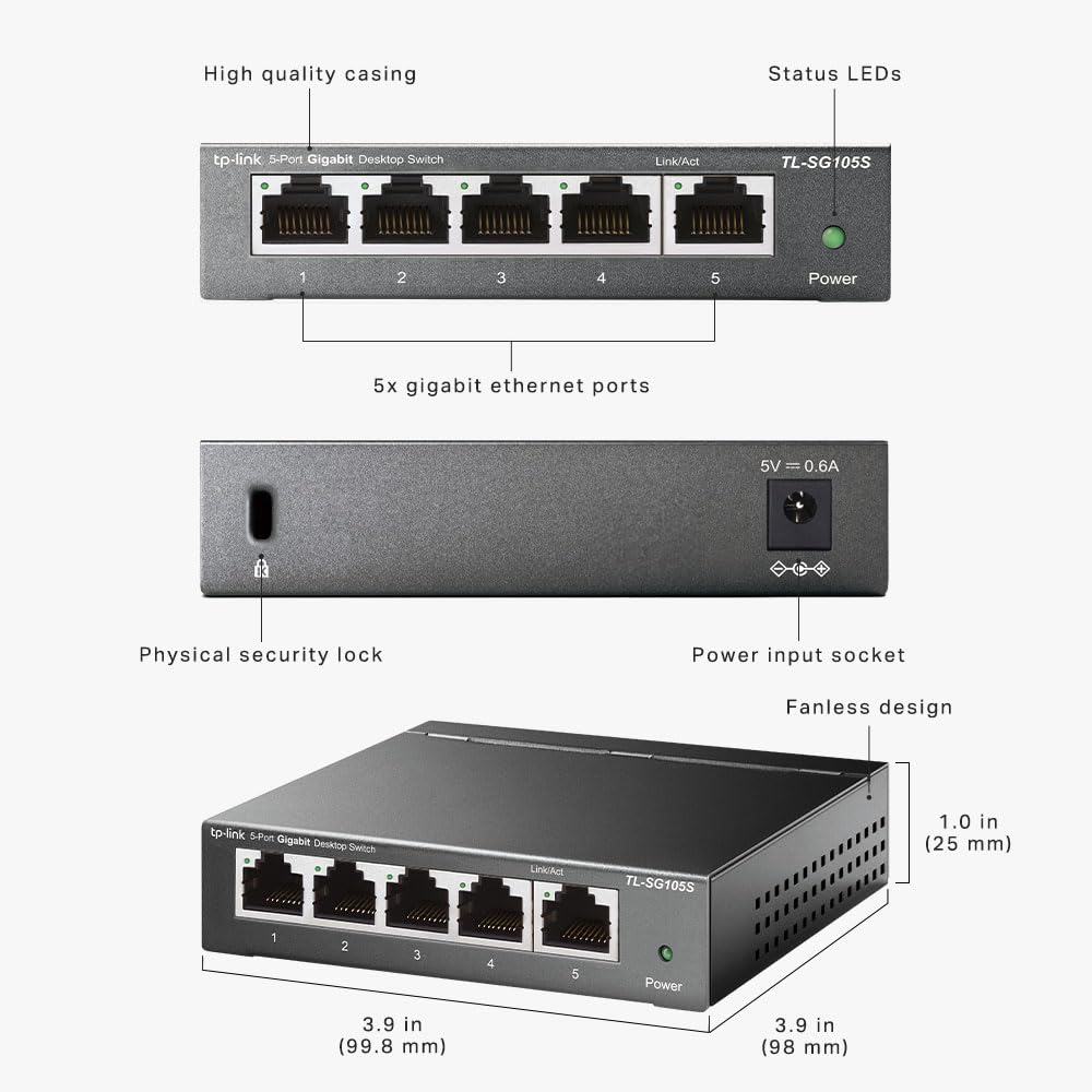 TP-Link TL-SG105S 5 Port Gigabit Ethernet Network Switch, Ethernet Splitter 1 to 4, Network 4 Way Ethernet Hub, Desktop & Wall-Mounting, Sturdy Metal Case, Fanless, Plug & Play, Energy-Saving