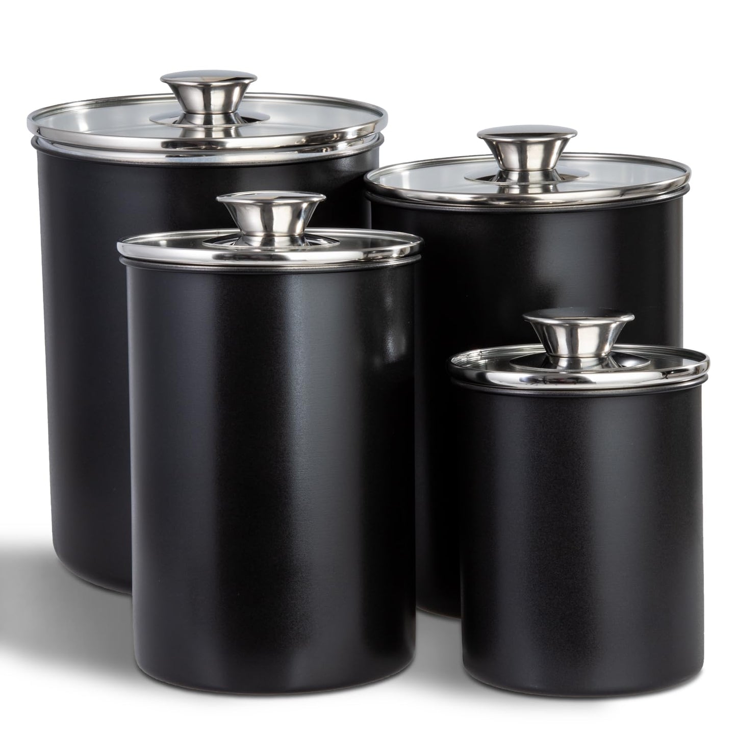 malmo Stainless Steel Food Canister Set of 4-Piece, 16/49/85/132 Ounces,Airtight Containers with Glass Lid for Tea,Coffee,Sugar,Flour,Pantry Kitchen Storage Storeroom Counter (Black)
