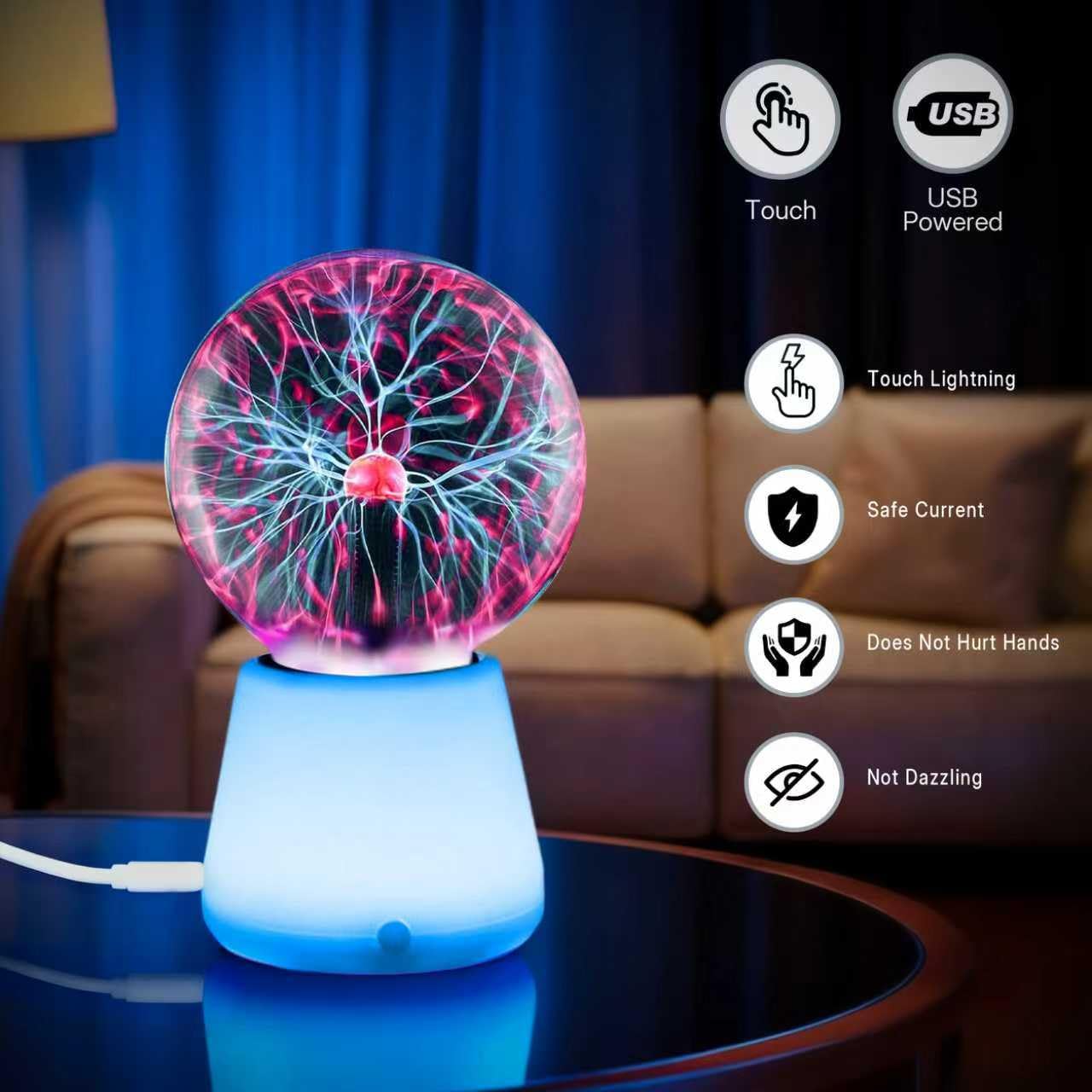 Xsnzdq Plasma Ball Lamp 3-Inch, Touch Reactive Lightning Globe, USB-C Powered Electric Plasma Ball, 7-Color LED Base Night Light, Interactive STEM Science Toy, Desk Decor Gift