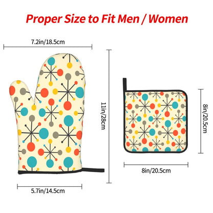 Mid Century Fifties Modern Atomic Retro Oven Mitts and Pot Holders Sets of 3, Yellow Kitchen Decor or Accessories, Heat Resistant Hot Pads Oven Gloves,Cooking Grilling Baking Gifts for Women