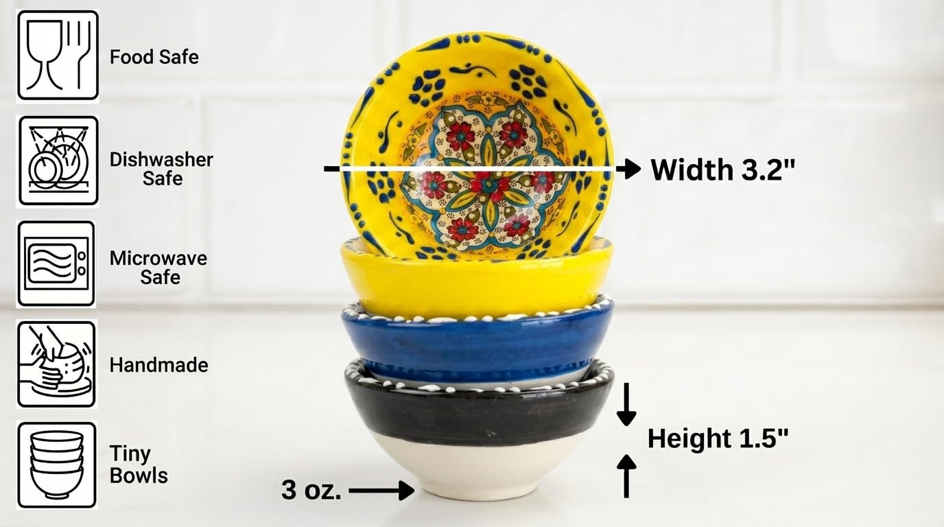 Ayennur Turkish Ceramic Pinch Bowls Set of 3 – Small Dipping Bowls for Charcuterie Boards, Appetizers, Snacks & Sauces -Handcrafted Turkish Bowl for Serving, Decor & Gifts (3.2”)